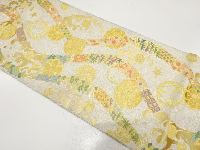 綴れ　よろけ縞に松竹梅・鶴・荒波模様織り出し　振袖用袋帯